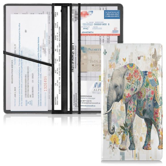 PVC Leather Car Document Holder Organizer Driver License Cover Holder for Car Driving Documents 9.45x10.24in Elephant with Colorful Floral