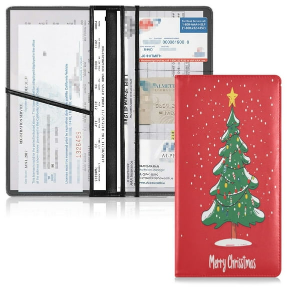 PVC Leather Car Document Holder Organizer Driver License Cover Holder for Car Driving Documents 9.45x10.24in Green Christmas Tree