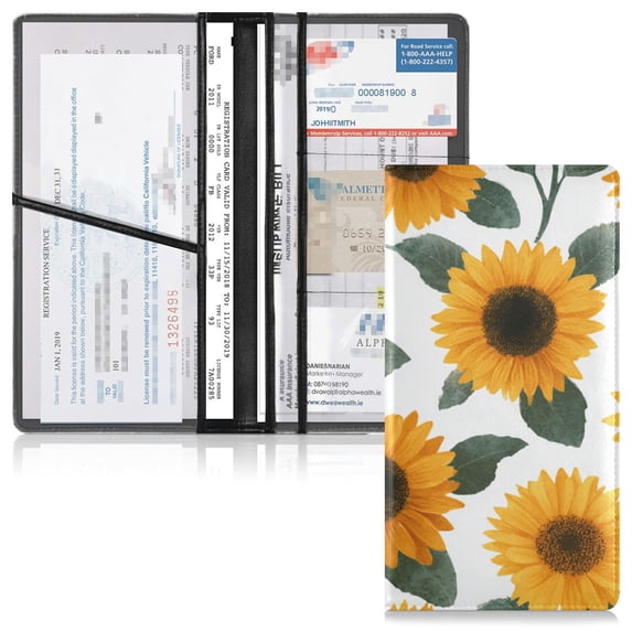 PVC Leather Car Document Holder Organizer Driver License Cover Holder for Car Driving Documents 9.45x10.24in Orange Sunflowers
