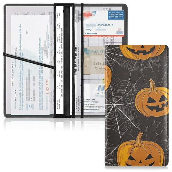 PVC Leather Car Document Holder Organizer Driver License Cover Holder for Car Driving Documents 9.45x10.24in Pumpkins and Spider Web