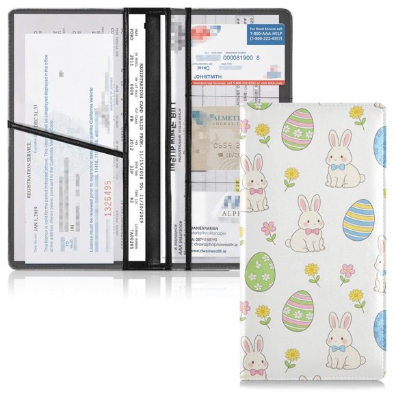 PVC Leather Car Document Holder Organizer Driver License Cover Holder for Car Driving Documents 9.45x10.24in Rabbit and Daisy Pattern