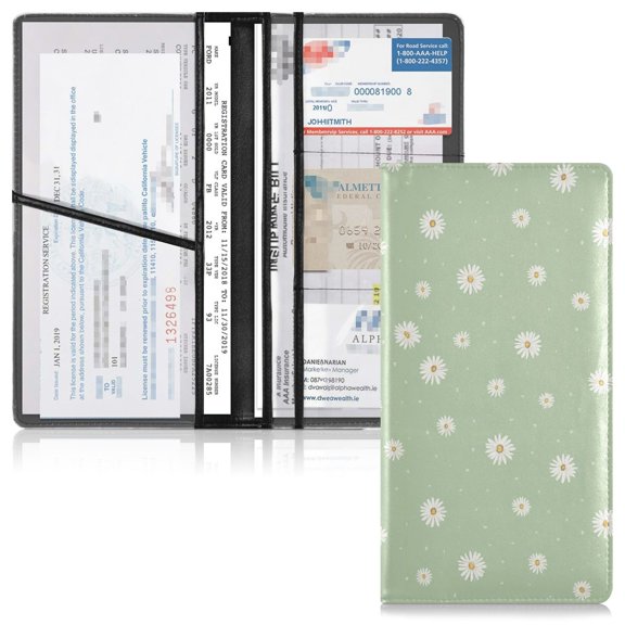 PVC Leather Car Document Holder Organizer Driver License Cover Holder for Car Driving Documents 9.45x10.24in Small White Daisy Pattern