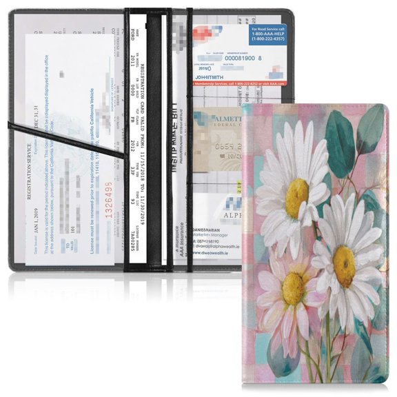 PVC Leather Car Document Holder Organizer Driver License Cover Holder for Car Driving Documents 9.45x10.24in Three Large White Daisies