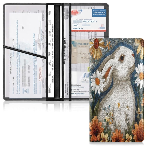 PVC Leather Car Document Holder Organizer Driver License Cover Holder for Car Driving Documents 9.45x10.24in White Rabbit with Daisies