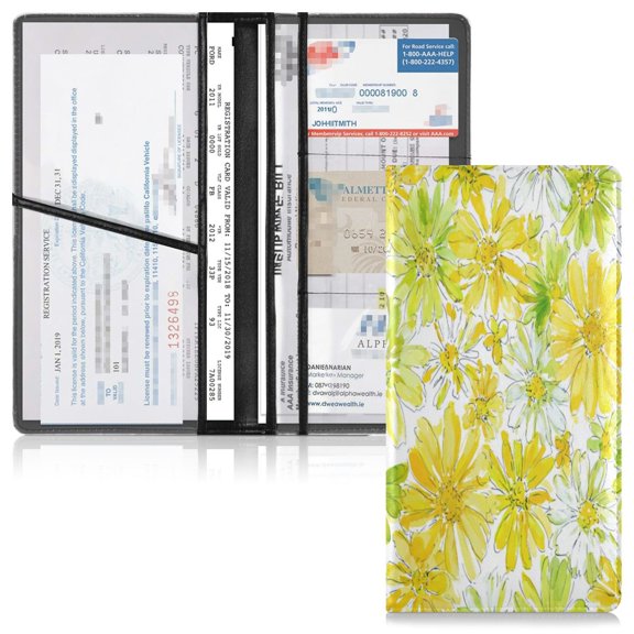 PVC Leather Car Document Holder Organizer Driver License Cover Holder for Car Driving Documents 9.45x10.24in Yellow Daisy Pattern