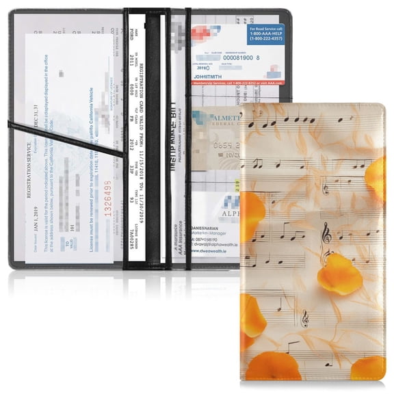 PVC Leather Car Document Holder Organizer with Multiple Pockets, Ideal for Car Registration, Insurance & Cards Sheet Of Music Orange Petals
