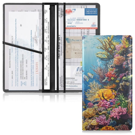 PVC Leather Car Document Holder Organizer with Multiple Pockets, Ideal for Car Registration, Insurance & Cards Underwater World