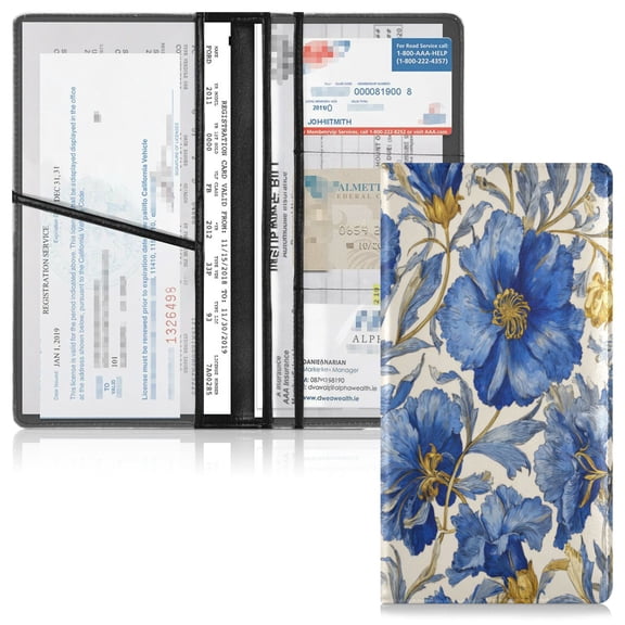 PVC Leather Car Document ID Holder with Multiple Pockets Protective Organizer Beautiful Blue Floral Style