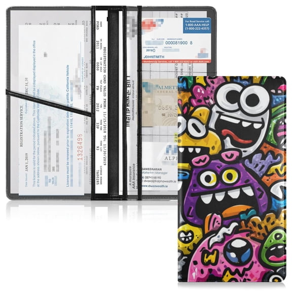 PVC Leather Car Document ID Holder with Multiple Pockets Protective Organizer Colorful Cartoon Monsters