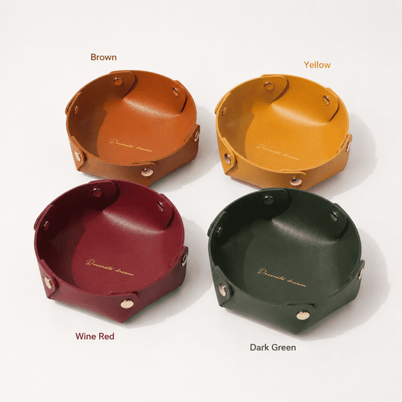 PVC Leather Desktop Catchall Tray, Snap Button Organizer Bowl for Keys Jewelry Cosmetics Entryway Tabletop Storage