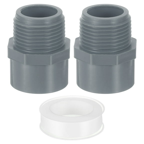 Male Adapter Pipe Fitting, 2Pcs 32mm(1-1/4") 2-Way Pipe Connectors with Sealant Tape (Socket x Male Pipe Thread), Hose Adapter Coupling for Plumbing Water Line (Grey)