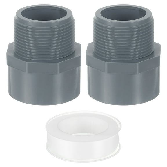 Male Adapter Pipe Fitting, 2Pcs 50mm(2") 2-Way Pipe Connectors with Sealant Tape (Socket x Male Pipe Thread), Hose Adapter Coupling for Plumbing Water Line (Grey)