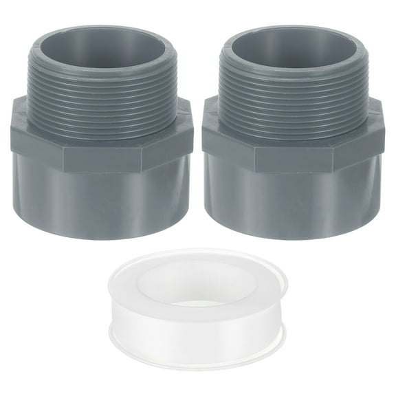Male Adapter Pipe Fitting, 2Pcs 63mm(2-1/2") 2-Way Pipe Connectors with Sealant Tape (Socket x Male Pipe Thread), Hose Adapter Coupling for Plumbing Water Line (Grey)