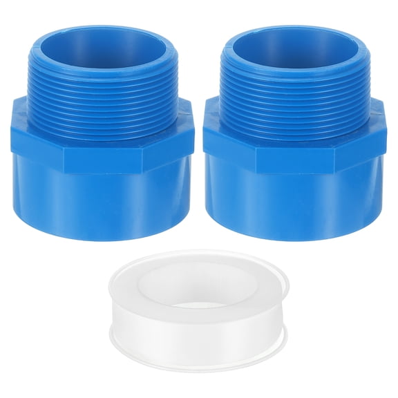Male Adapter Pipe Fitting, 2Pcs 63mm(2-1/2") 2-Way Pipe Connectors with Sealant Tape (Socket x Male Pipe Thread), Hose Adapter Coupling for Plumbing Water Line (Blue)