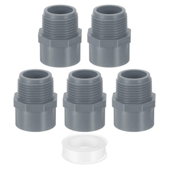 Male Adapter Pipe Fitting, 5Pcs 32mm(1-1/4") 2-Way Pipe Connectors with Sealant Tape (Socket x Male Pipe Thread), Hose Adapter Coupling for Plumbing Water Line (Grey)