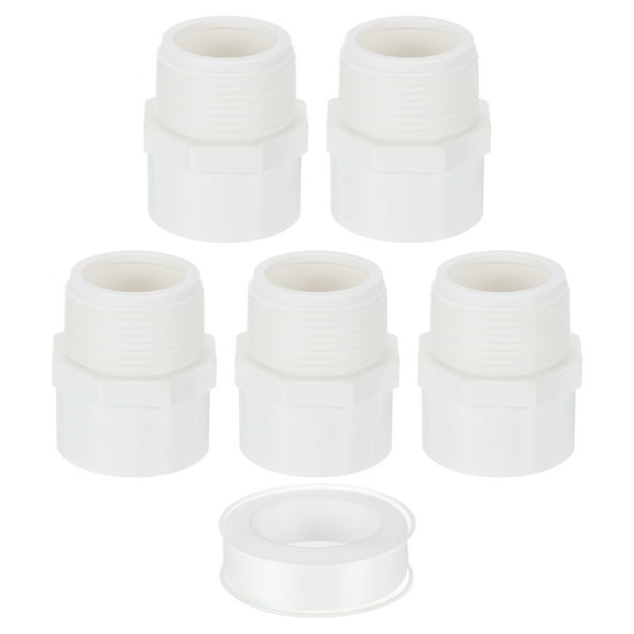 Male Adapter Pipe Fitting, 5Pcs 40mm(1-1/2") 2-Way Pipe Connectors with Sealant Tape (Socket x Male Pipe Thread), Hose Adapter Coupling for Plumbing Water Line (White)