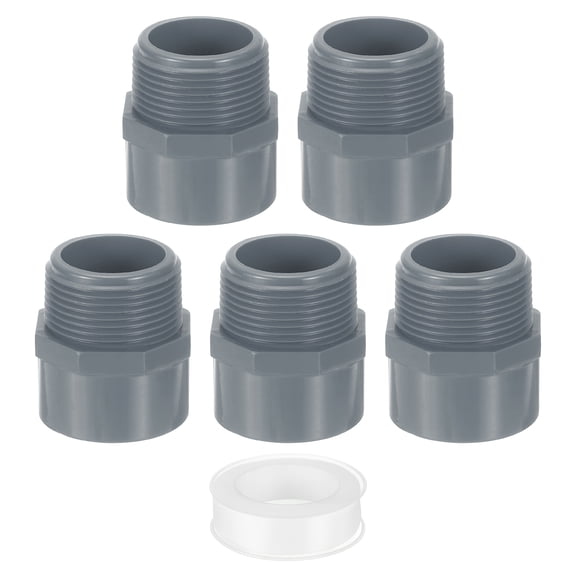 Male Adapter Pipe Fitting, 5Pcs 40mm(1-1/2") 2-Way Pipe Connectors with Sealant Tape (Socket x Male Pipe Thread), Hose Adapter Coupling for Plumbing Water Line (Grey)