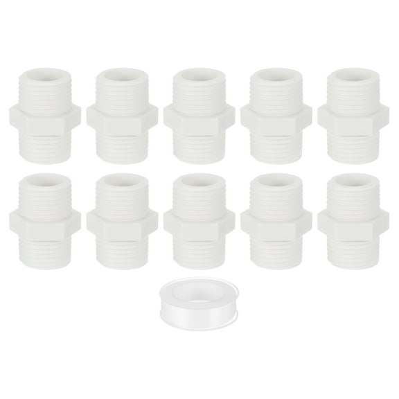 Nipple Male Thread Coupling Adapter Connector, 10Pcs 20mm(3/4") Pipe Fitting with Sealant Tape (Male to Male), Hose Adapter Coupling for Thread plumbing Pipe (White)
