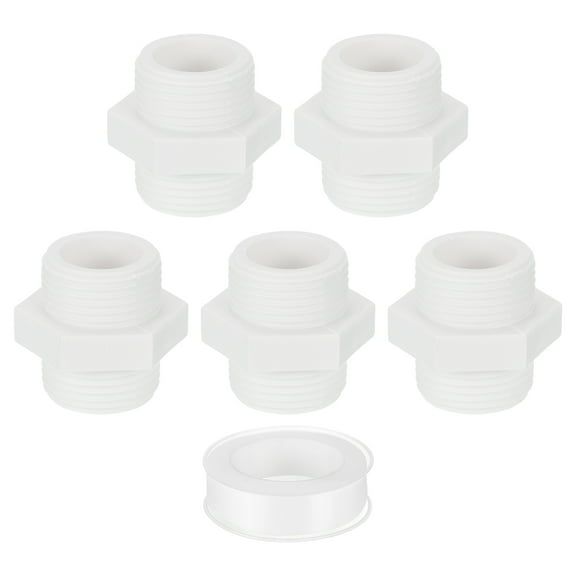 Nipple Male Thread Coupling Adapter Connector, 5Pcs 25mm(1") Pipe Fitting with Sealant Tape (Male to Male), Hose Adapter Coupling for Thread plumbing Pipe (White)