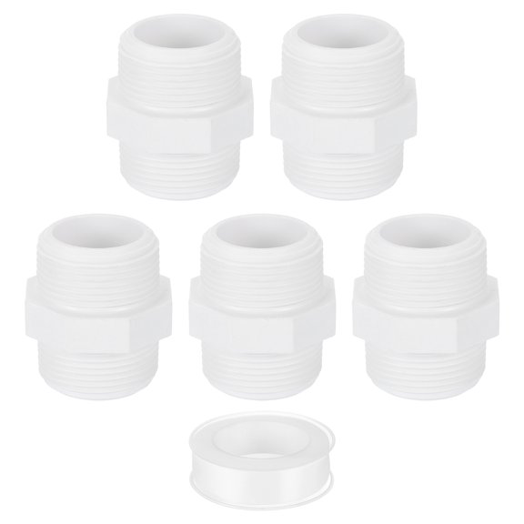 Uxcell Nipple Coupling Adapter Connector, 5Pcs 32mm(1-1/4") Pipe Fitting with Sealant Tape (Male to Male), Hose Coupling for Thread plumbing Pipe (White)