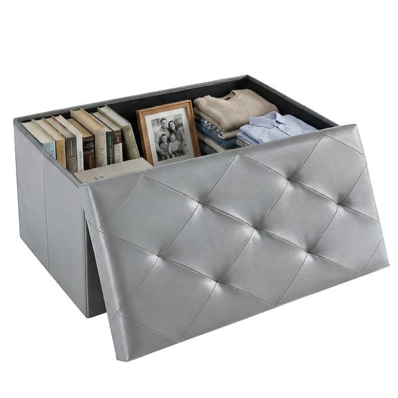 EDX 30" PVC Ottoman Bench, Folable Storage Bench for Bedroom, 29Gal Capacity, Ottoman Foot Rest Bench for Living Room, Entryway, Gray