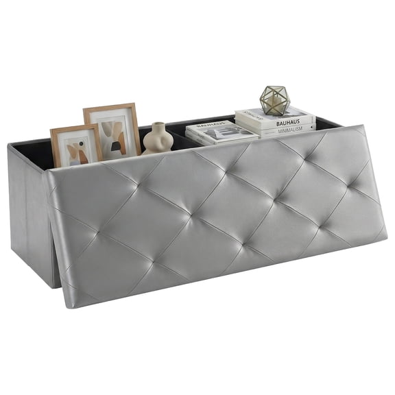 EDX 43" PVC Ottoman Bench, Folable Storage Bench for Bedroom, 42Gal Capacity, Ottoman Foot Rest Bench for Living Room, Entryway, Gray
