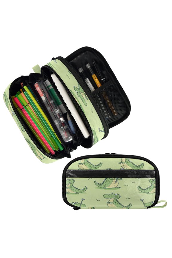 PVC Pencil Case Large Capacity Pen Bag with Open Window Stationery Organizer with Zipper Cartoon Alligators Playing Golf