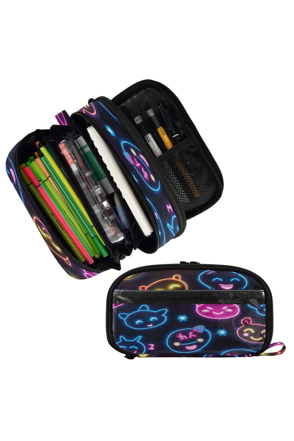 PVC Pencil Case Large Capacity Pen Bag with Open Window Stationery Organizer with Zipper Cartoon Smiling Faces