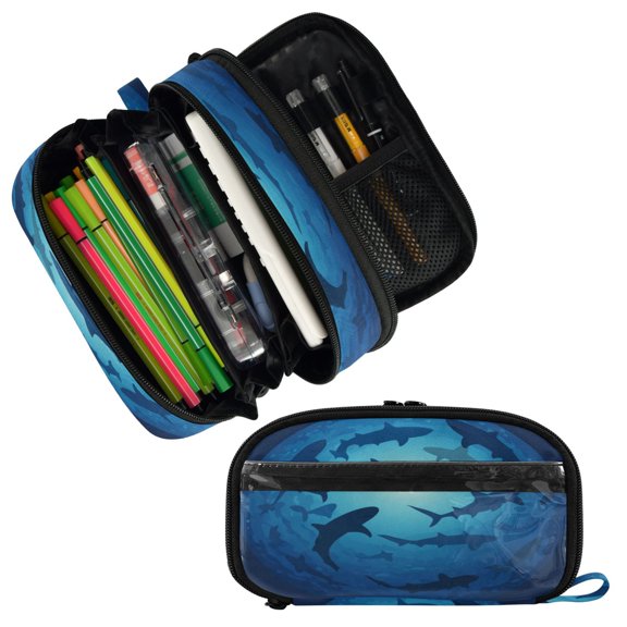 PVC Pencil Case Large Capacity Pen Bag with Open Window Stationery Organizer with Zipper Sharks Silhouette