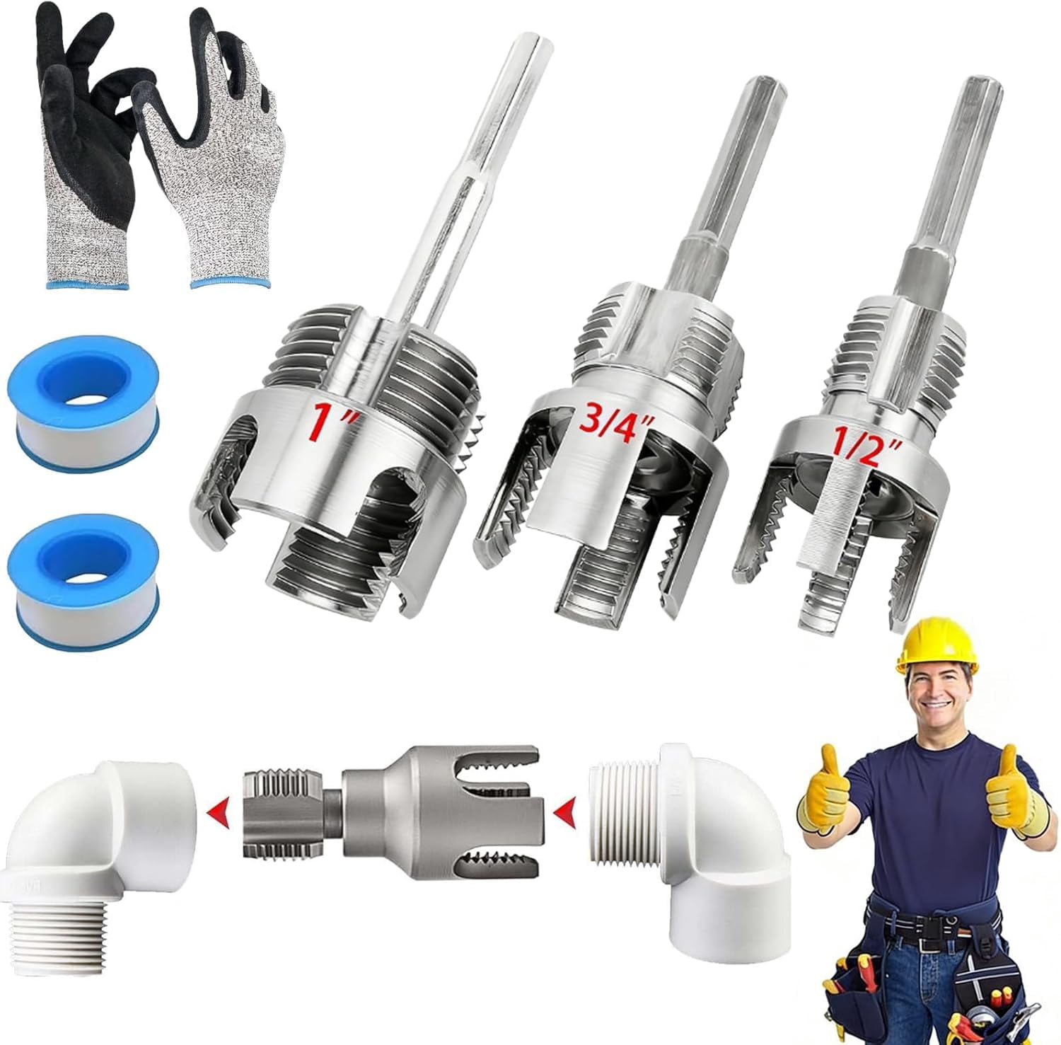 PVC Pipe Threader, Internal & External Pipe Threading Tool, 1/2'' 3/4'' 1'' Dies Electric Drill Compatible PPR MPP Plastic Pipes, Leak-Proof Plumbing, Irrigation & Home Repair (1/2"+3/4"+1")
