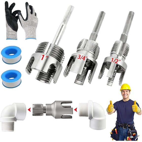 PVC Pipe Threader, Internal & External Pipe Threading Tool, 1/2'' 3/4'' 1'' Dies Electric Drill Compatible PPR MPP Plastic Pipes, Leak-Proof Plumbing, Irrigation & Home Repair (1/2"+3/4"+1")