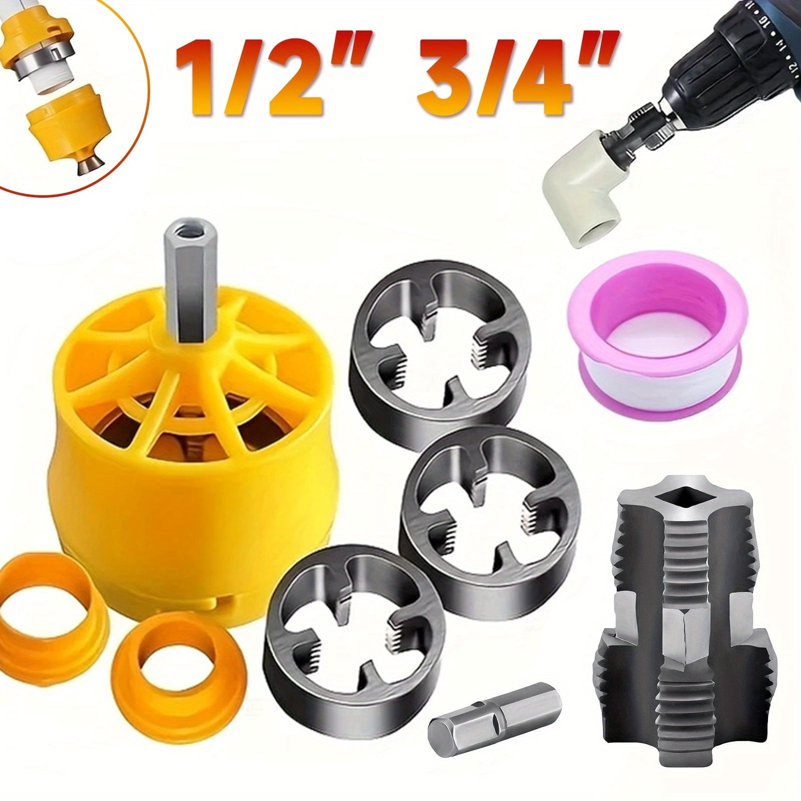 PVC Pipe Threader Kit for Electric Drill,Plumbing Tool Reusable Plastic for Electric Drill,3-Piece Die Set