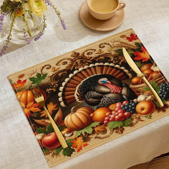 PVC Placemats Set of 4 Wipeable Table Mats Washable Heat Resistant Non Slip Vinyl Dining Table Mat for Kitchen Indoor Outdoor Patio Farmhouse Place Mats Maple Turkey Pumpkin Fall Decorative