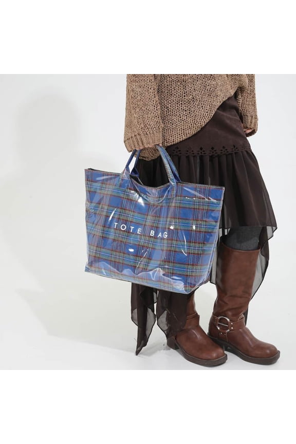 PVC Plaid Tote Bag for Women Waterproof Letter Print Shopping Bag Reusable Holiday Gift Christmas Present(Blue)