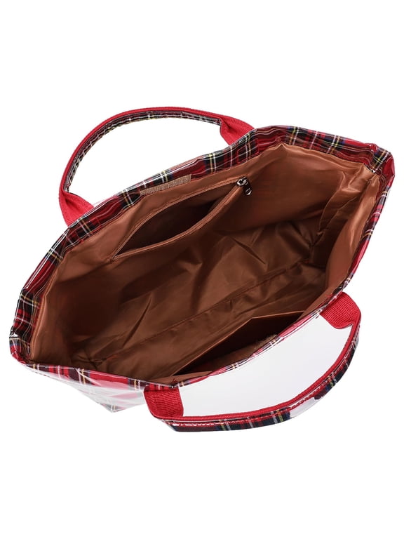 PVC Plaid Tote Bag for Women Waterproof Letter Print Shopping Bag Reusable Holiday Gift Christmas Present(Red)