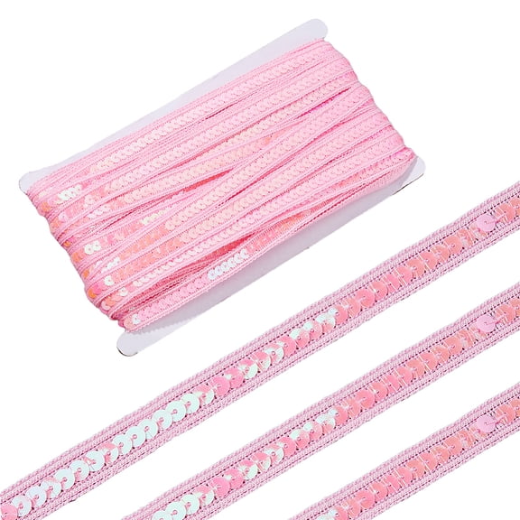 PVC Plastic Paillette Elastic Trim with Polyester Bands Sequins Ribbon Ornament Accessories Flat Round Pink 14x0.8mm about 36m/card DIY