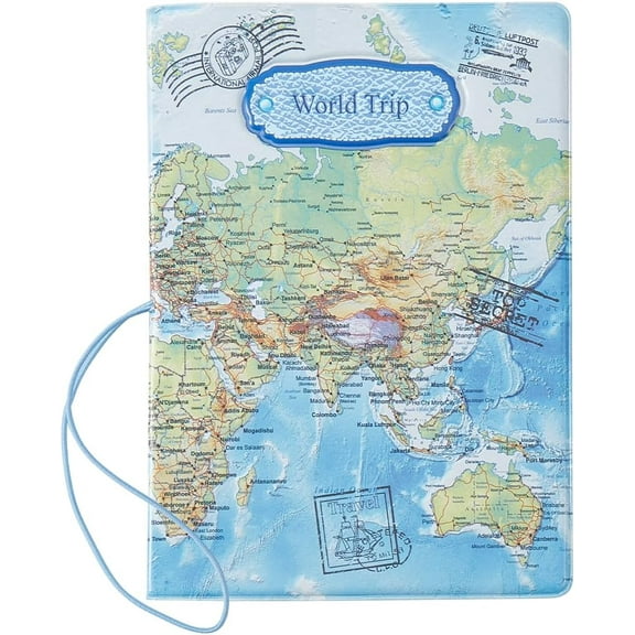 PVC Plastic Passport Holder Cover Case Map Pattern Dodger Blue 139x100x5mm