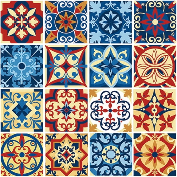 PVC Plastic Self-Adhesive Wall Stickers Square with Flower Pattern Mixed color 150x150mm 16pcs/set