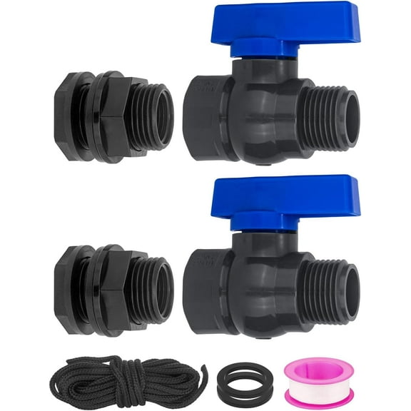 PVC Rain Barrel Spigot Kit 2 Pack 3/4" GHT Bulkhead Fitting with PVC Ball Valve Leak-Proof Tank Faucet for Rain Barrel, Water Tank & Container Drain