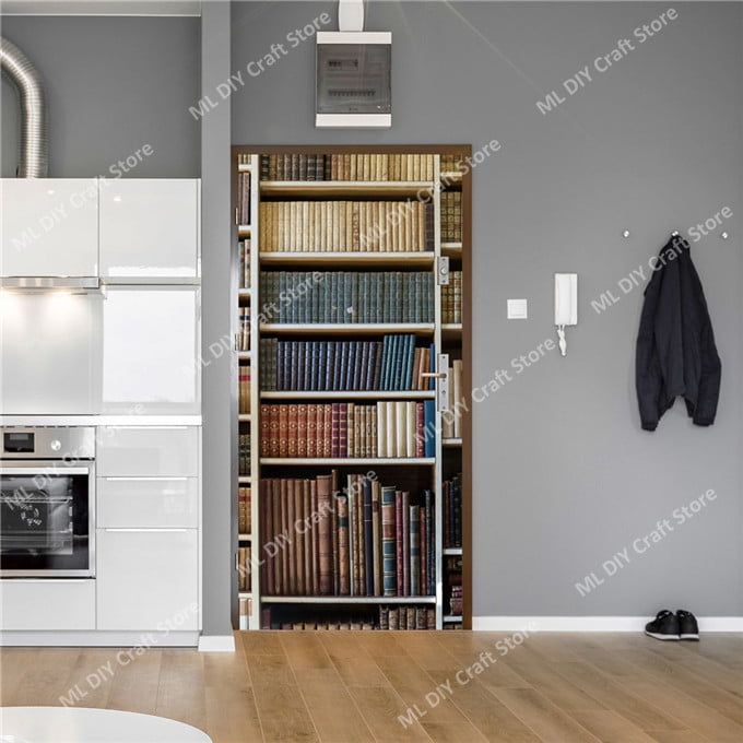 PVC Retro Bookshelf Door Stickers Library Bookshelf Home Bedroom Study ...