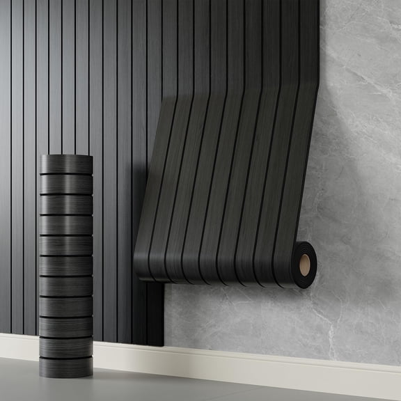 PVC Slat Wall Panel Peel and Stick 118"x 15.7" Faux Black Wood Grain Slat Panel Self-Adhesive Wallpaper Soundproof 3D Wall Panels