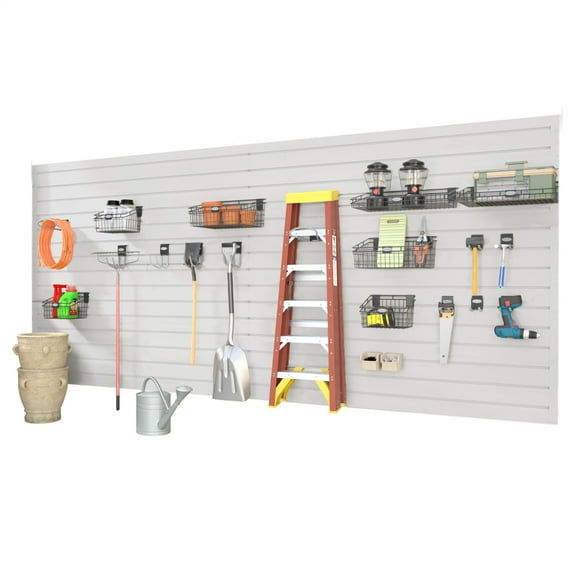 PVC Slatwall Paneling Garage Storage System, 4Ft X 4Ft Wall-Mounted Panels with Hooks for Garage Shelves and Tool Organization