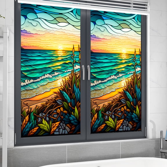 PVC Stained Glass Window Film Non-Adhesive Removable Colorful Seaside Sunset Window Sticker For Window Glass Decorations