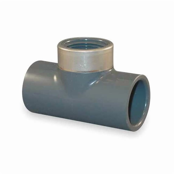 PVC, Stainless Steel Tee, Socket x Socket x FNPT, 1 1/2 in x 1 in Pipe Size