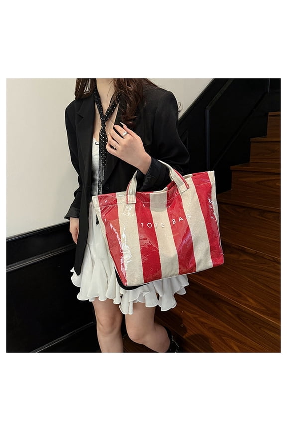 PVC Stripe Tote Bag Christmas Letter Print Tote Bag for Women Fashion Handbag for Shopping at Christmas Markets Waterproof Large Tote Bag Carry All Shopper Gifts for Women Red