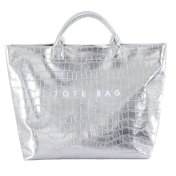 PVC Tote Bag for Women, Waterproof Large Capacity Work Handbag with Top Handle, Crocodile Embossed Commute & Shopping Purse, 17.7" x 12.2" Travel Tote (Silver)