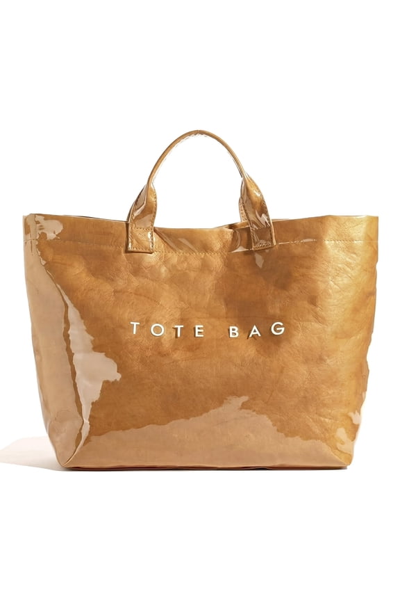PVC Tote Bag for Women, Large Plastic Tote Purse with Letters Print, Hobo Handbag for Work, Beach, Travel & Gift - Brown
