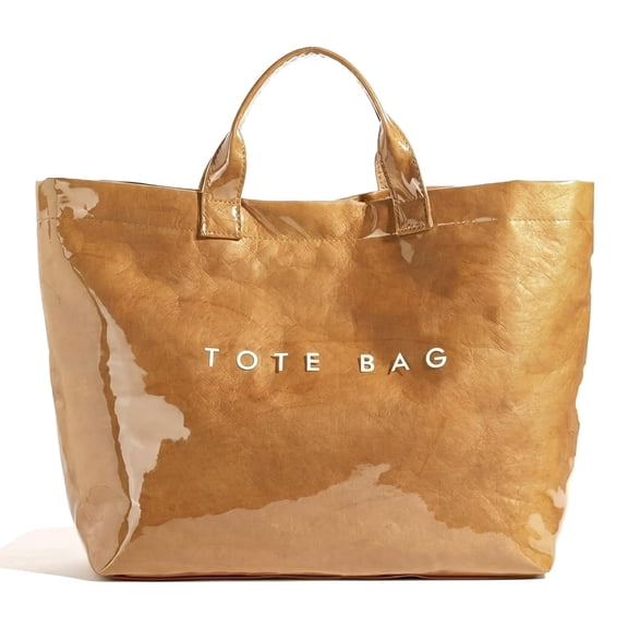 PVC Tote Bag for Women, Large Plastic Tote Purse with Letters Print, Hobo Handbag for Work, Beach, Travel & Gift - Brown