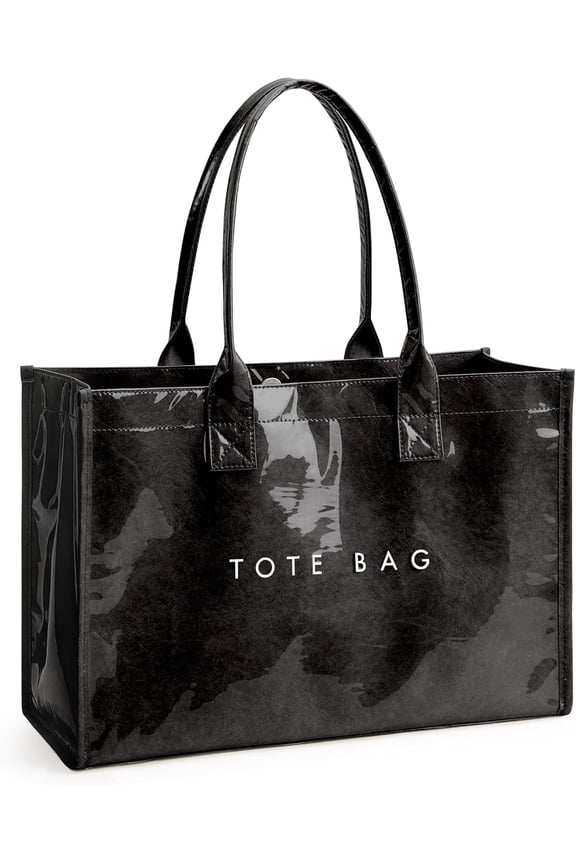 PVC Tote Bag for Women - Kraft Paper Work Handbags Purses with Top Handle(Black)