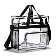 PVC Tote Pack Bag 12x12x6 inch, Clear PVC Messenger Bag See Through Tote, Stadium Approved Handbag Transparent Pouch Hand Bags with Top Handle & Adjustable Shoulder Strap